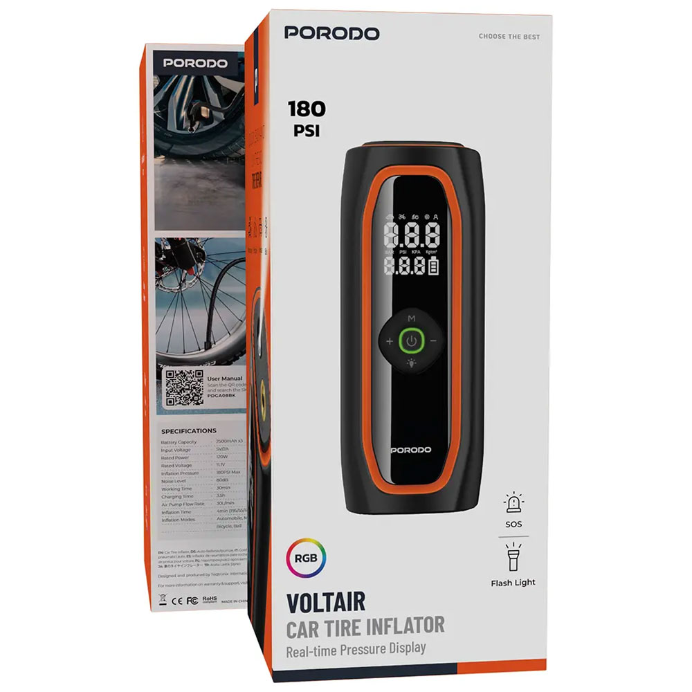کمپرسور و پمپ باد شارژی پورودو Porodo Voltair Inflator 220PSI
