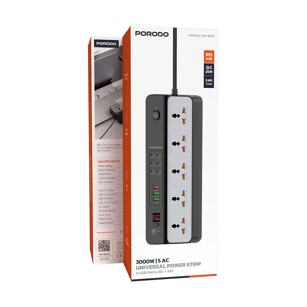 چندراهی و محافظ برق پرودو مدل Porodo Universal power strip 3000w FWC098